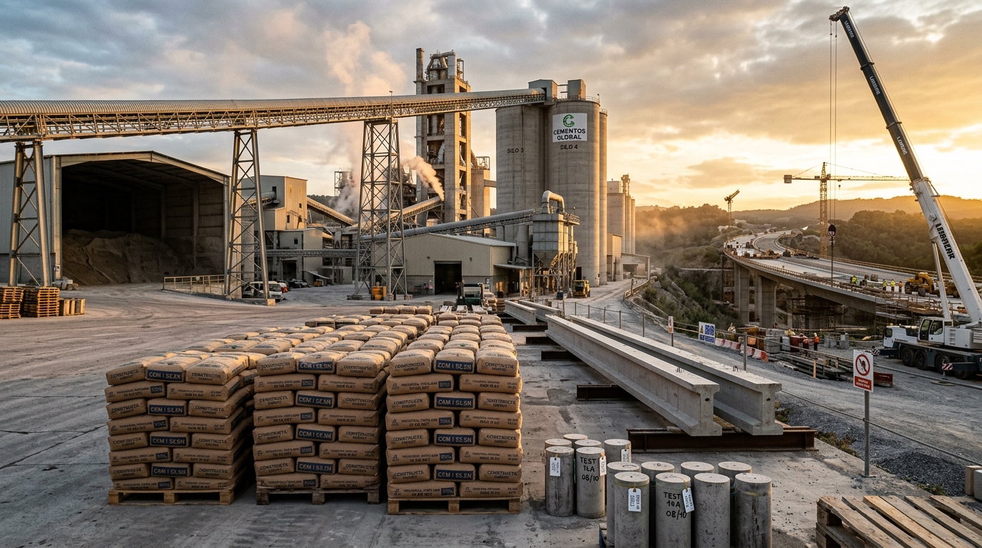 Modern cement grinding plant with silos and finished pallets of 50kg cement bags and precast concrete bridge beams