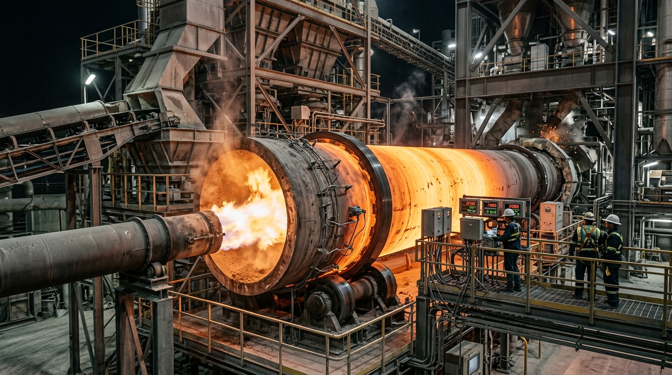 Industrial rotary cement kiln with intense coal combustion flame and automated calciner feed pipe