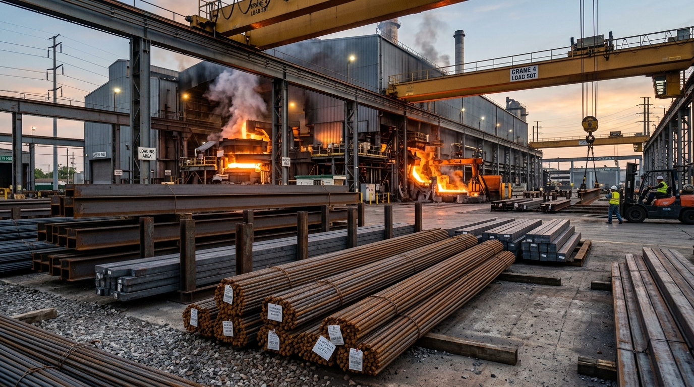 Industrial steel mill yard stacked with ribbed rebar bundles and steel billets with electric arc furnace in background